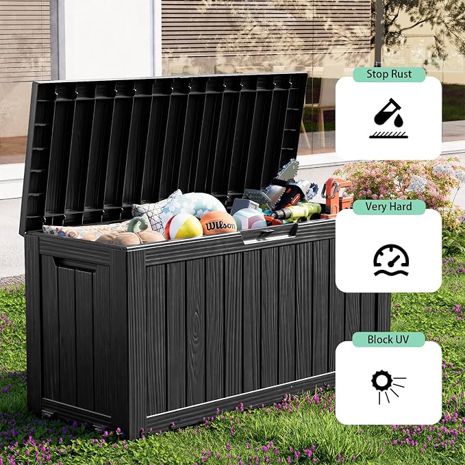 Vixzen 90 Gallon Deck Boxes Outdoor Waterproof, Large Resin Lockable Storage Box with lid for Patio Furniture Cushions, Weatherproof Outdoor Storage Boxes for Garden Tools & Pool Accessories(Black)