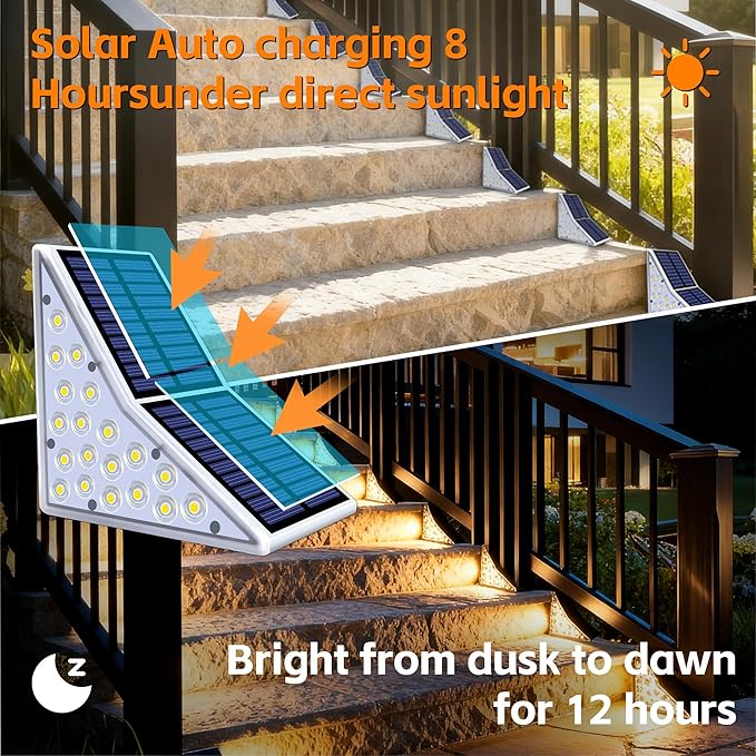 Solar Stair Lights Outdoor, Waterproof IP65 Solar Outdoor Lighting, 1200mAh,19 LED,Outdoor Step Lights,for Garden Stairs, Decks, Front Steps Porch and Terrace,3000k Decorative Art(8Pack)