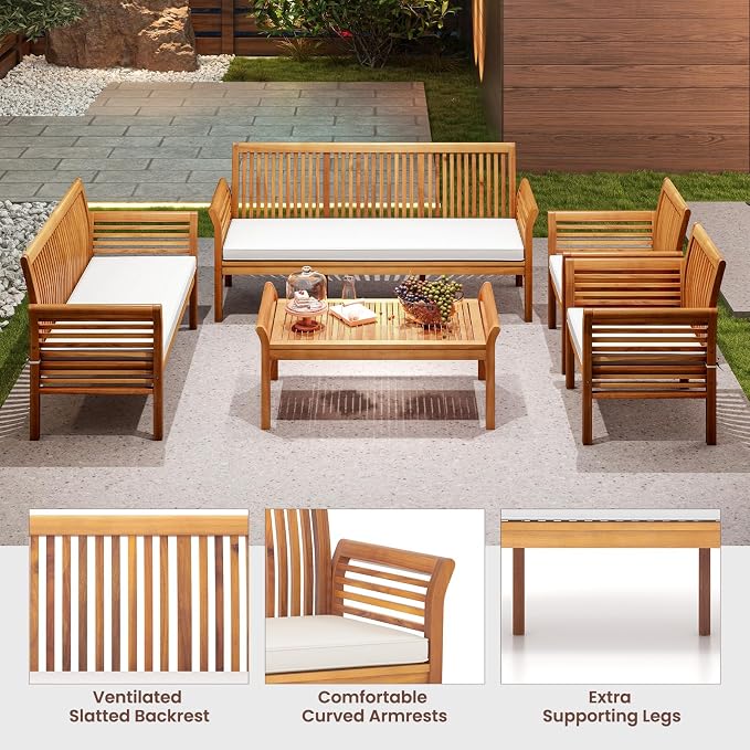 RELAX4LIFE 5-Piece Patio Furniture Set - Acacia Wood Sofa Set w/3-Person Bench, Loveseat, 2 Chairs, Coffee Table & Cushions, Balcony Furniture for Garden Poolside Yard Porch, Outdoor Conversation Set
