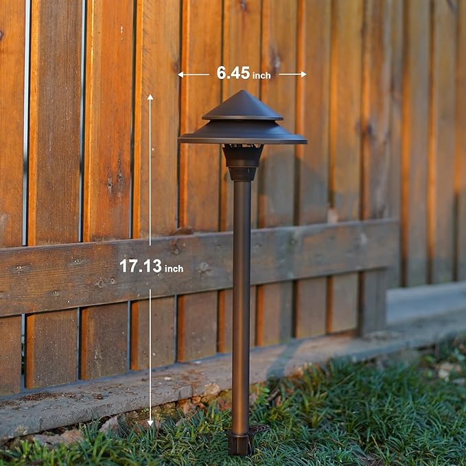 GOODSMANN Low Voltage Landscape Lighting 8PK LED Path Lights Oil Rubbed Bronze 4W 32 Lumen Hardwired 2 Tier Pagoda Landscape Pathway Lights 3000K Warm White Metal Stakes Cable Connectors