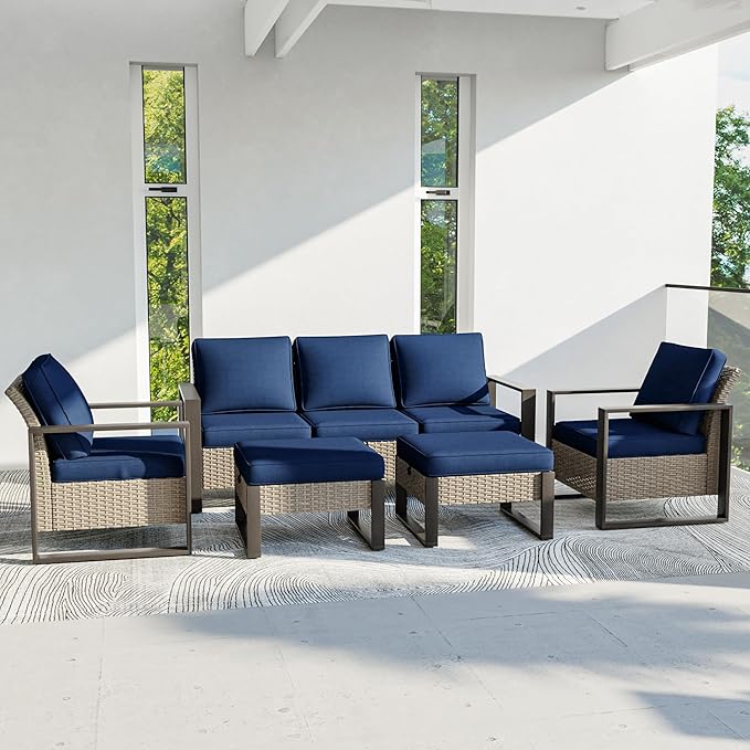 Outdoor Patio Furniture Set, 5 Piece Wicker Patio Conversation with Deep Seating, Thicken Cushions, Outdoor Club Chair, Metal Outdoor Furniture for Deck, Porch, Yard Use (Blue, 5 PCS/Chairs)