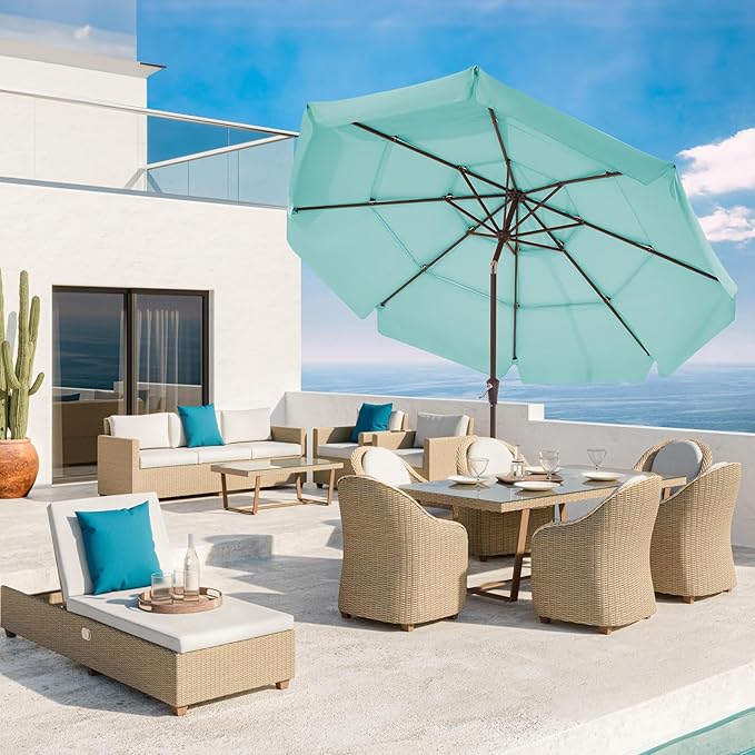 JEAREY 3 Tiers 9 FT Patio Umbrellas Outdoor Table Umbrella with Push Button Market Umbrella 8 Sturdy Ribs UV Protection Waterproof for Garden,Peacock Blue