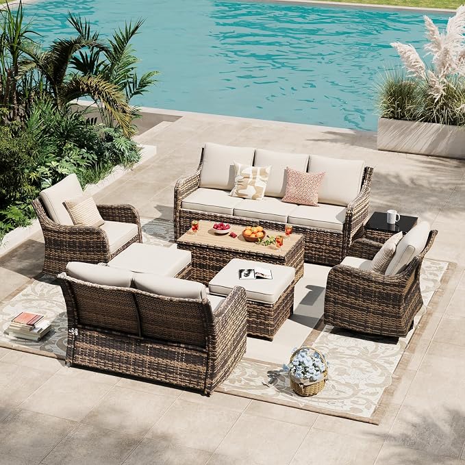 MEISSALIVVE Patio Furniture Set with Swivel Rocking Chairs, 8 Pieces Patio Conversation Set, Outdoor Wicker Sofa Couch with Waterproof Cushions for Lawn Backyard Porch (Brown)