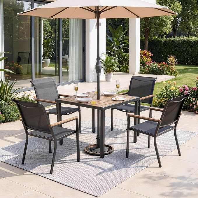 NATURAL EXPRESSIONS HDPS Patio Outdoor Table and Chairs Set for 4, Patio Dining Set with 4 Textilene Chair and 36” Square Fauxwood Patio Table with Umbrella Hole for Garden, Backyard, Deck (Black)
