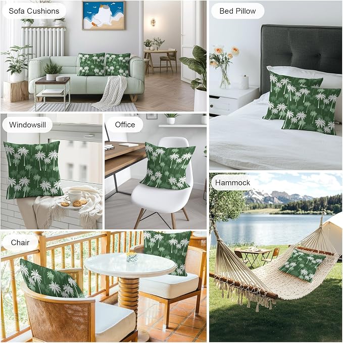 Throw Pillow Covers 24x24 Inch Set of 2, Tropical Palm Tree Waterproof Outdoor Pillow Covers, Green White Plants Coastal Leaf Beach Decorative Cushion Pillowcases for Couch, Sofa, Bed, Garden, Patio