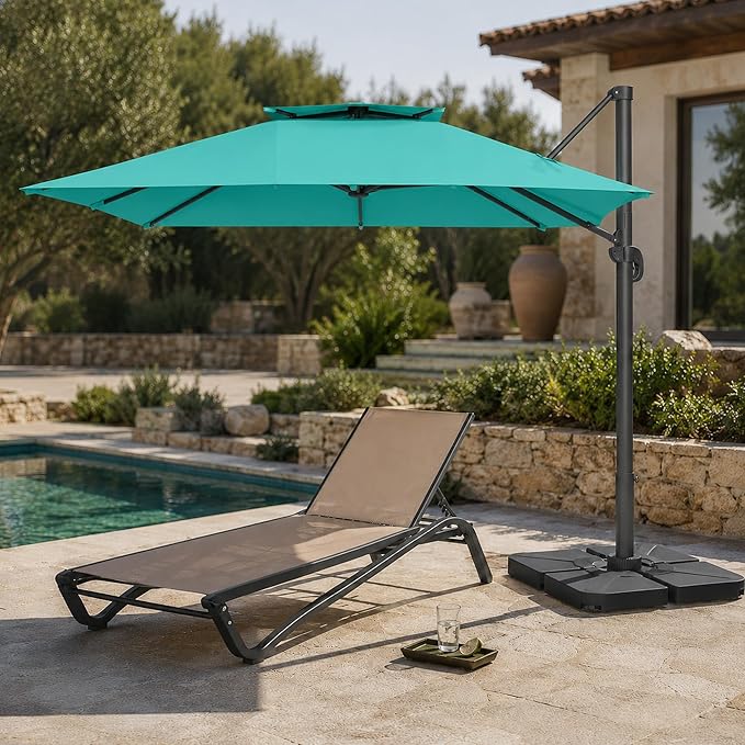 10FT Cantilever Patio Umbrella with Solar Lights, Large Outdoor 2 Tier Aluminum Offset Square Umbrellas 360 Degree Rotation for Garden Deck Pool