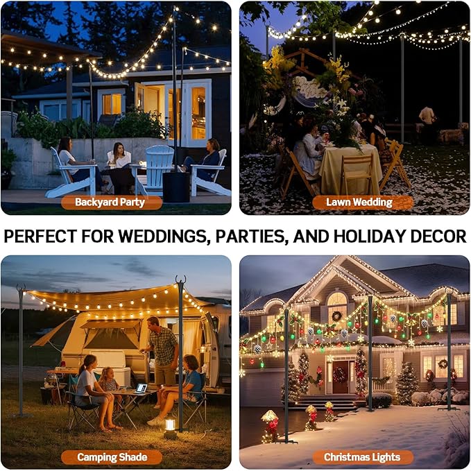 String Light Poles for Outside, 10ft Outdoor Poles for String Lights, Heavy Duty Stepped-in 5-Prong Base Light Pole for Backyard, Patio, Garden, Wedding & Party Decor (4 Pack)