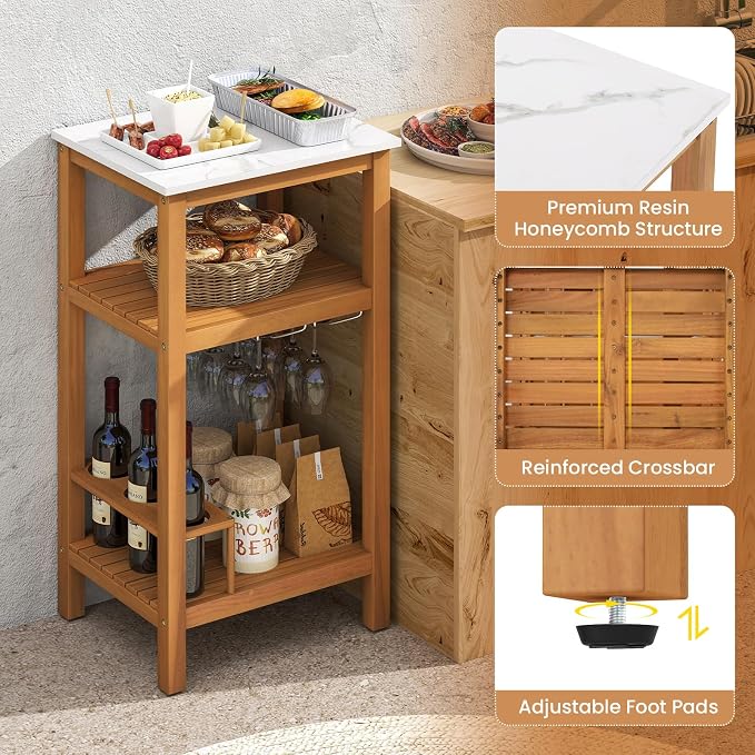 Giantex Acacia Wood Outdoor Side Table, Patio Buffet Cabinet Bar Table with Faux Marble Countertop, Glass & Wine Holders, Patio Storage Cabinet for Garden, Backyard, Kitchen