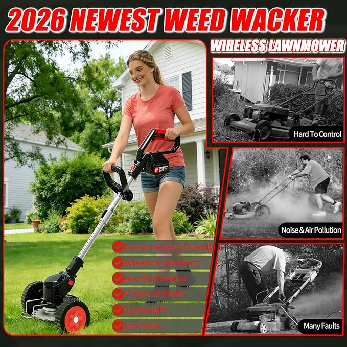 Electric Weed Wacker Cordless Eater, 21V String Trimmer Battery Powered with 2 Batteries, 3-in-1 Grass Trimmer/Lawn Edger/Brush Cutter with 4 Types Blades & Wheels, Weed Trimmer for Garden and Yard