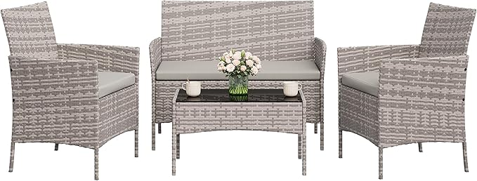 4-Piece Outdoor Furniture Set, PE Rattan Wicker Chairs with Soft Cushions & Tempered Glass Coffee Table - All-Weather Patio Set for Garden, Backyard, Porch, Poolside (Grey)