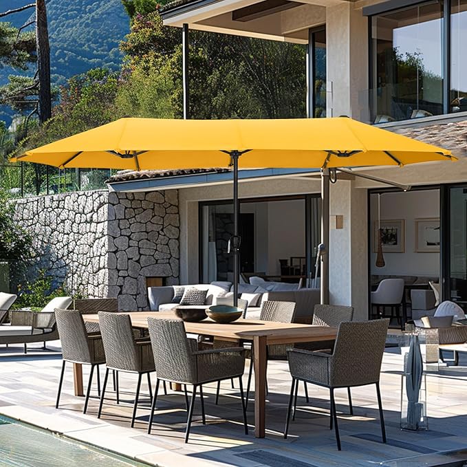 GREEN PARTY 13ft Rectangle Patio Umbrella, Double Sided Outdoor Table Umbrella with Crank & 1.5" Pole, Large Market Umbrella for Poolside Garden Deck Backyard, Gold Yellow