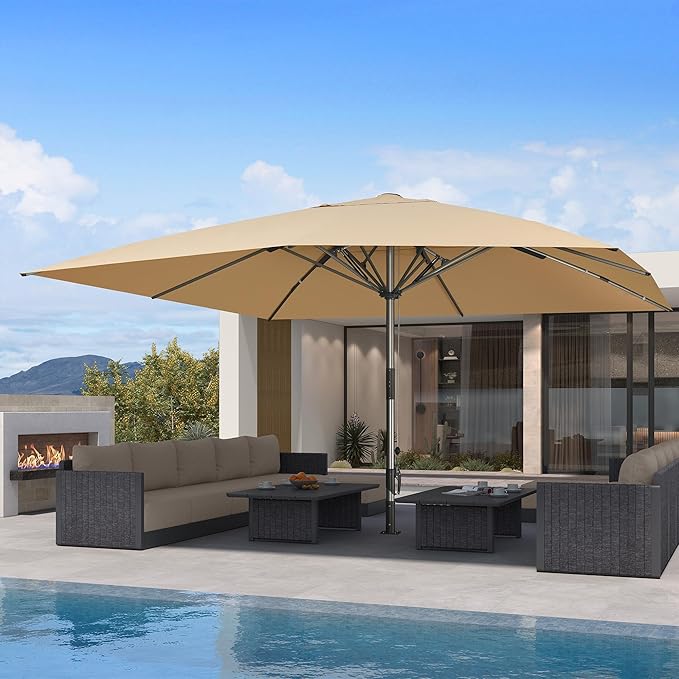 PURPLE LEAF 16 X 16 FT Extra Large Commercial Square Patio Umbrella Heavy Duty Wind Resistant Vented Canopy Reinforced Frame Maximum Coverage for Restaurant Hotel Resort Cafe Outdoor Dining Area Business Use Beige