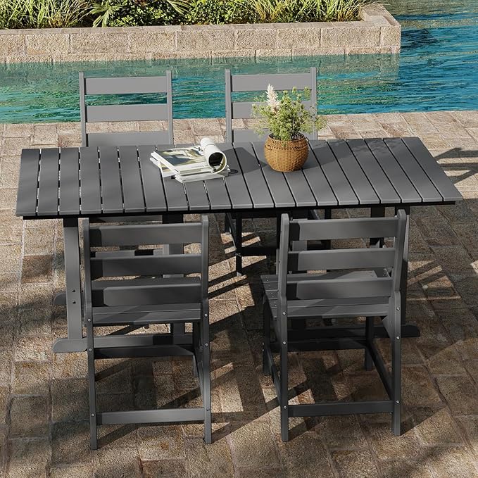 GREENVINES 5-Piece-Outdoor-Table-and-Chairs | HDPE | Patio Furniture | Slatted Dining Sets for 4 | Armless Chair | Connectable Tables | All Weather | for Backyard Poolside Garden | Grey