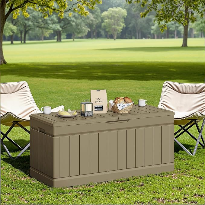 JUMMICO 78 Gallon Outdoor Deck Box Large Resin Storage Box for Patio Furniture Cushions and Garden Tools (Light Brown)