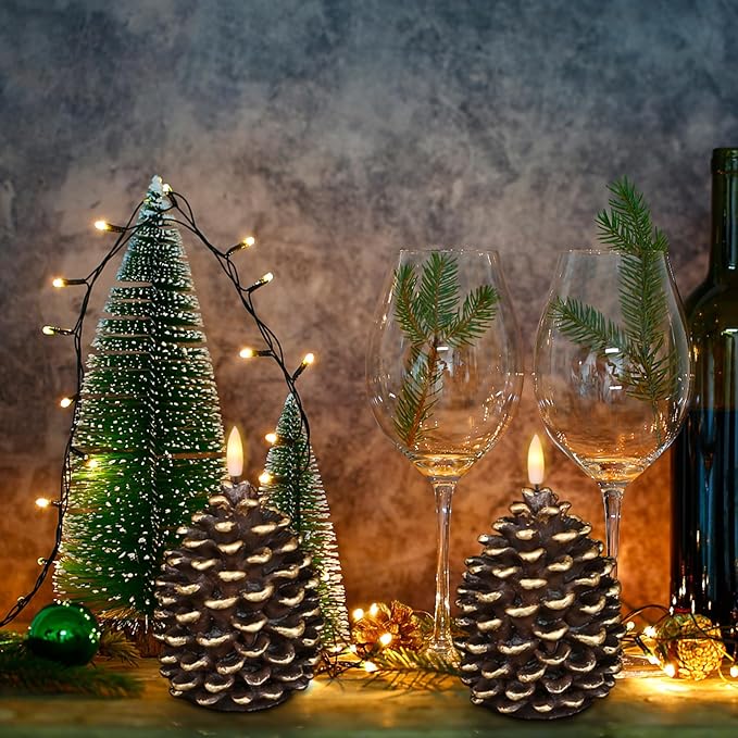 DRomance Flameless Pinecone Candles Battery Operated with 6 Hour Timer Set of 2 Real Brown Wax 3D Wick LED Flickering Pillar Candles Christmas Holiday Decor(Gold, 3.5 x 6 Inch)
