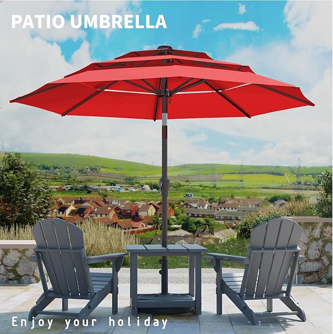 9FT 3 Tiers Patio Umbrella With Auto Tilt And Crank, Outdoor Table Market Umbrella with 8 Sturdy Ribs for Garden, Lawn, Deck, Backyard and Pool