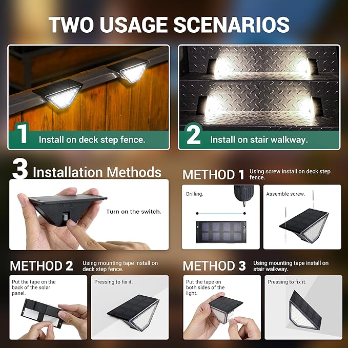 PATIOWIN 12 Pack Solar Step Lights for Outside, 24 LEDs Solar Stair Lights Waterproof IP65, Solar Deck Lights Outdoor Decor for Garden, Porch, Pathway, Patio, Fence(Cold White)