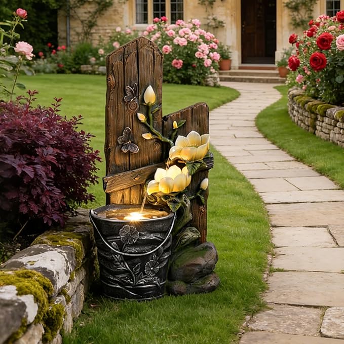 30.7" H Rustic Water Fountain Outdoor 3-Tier Waterfall Fountains Faux Iron Bucket with Flower Accents,Water Feature Outdoor for Garden, Backyard, Patio, Porch, Yard