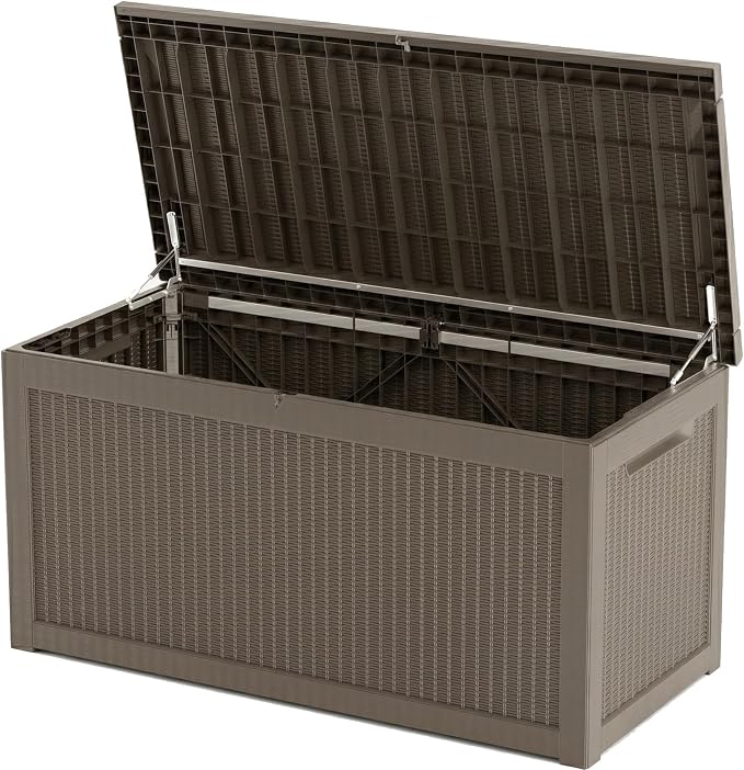 319 Gallon Extra Large Outdoor Storage Box, Waterproof Deck Box with Lockable Lid, Resin Outside Storage Box for Patio Furniture, Pool Accessories,Garden Tools, Storage Bench for Backyard, Gray Coffee