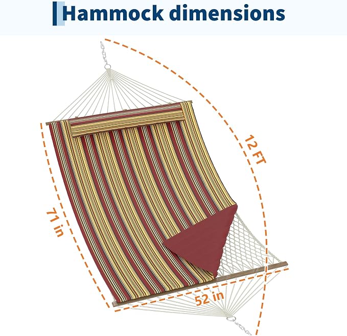 Rope Hammock for Outside, 12FT Double Spreader Bar Hammock for 2-Person, Quilted Outdoor Hammock with Detachable Pillow, Side Storage Pockets & Carabiners, 450 lbs Capacity for Yard, Patio, Garden