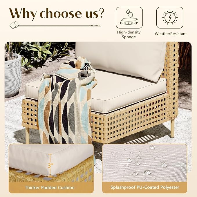 7 Piece Boho Wicker Patio Furniture Set with Fluffy Black Cushions and Coffee Table, Modular Outdoor Couch Conversation Set for Deck, Garden, Backyard, Balcony, All Weather Sectional Lounge Seating(Bl