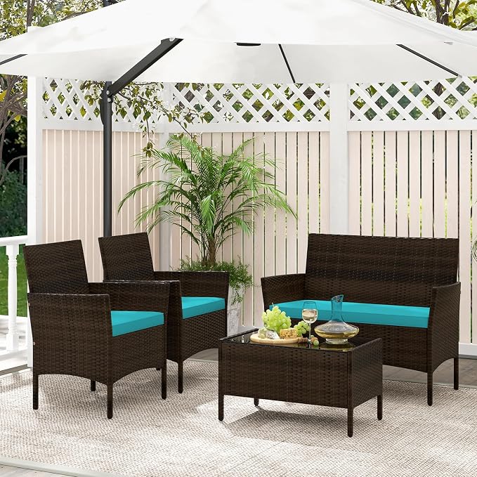 Tangkula 4 Piece Patio Rattan Conversation Set, Outdoor Wicker Furniture Set with Chair, Loveseat & Tempered Glass Table, Cozy Seat Cushions, Outside Sectional Sofa Set for Backyard (1,Turquoise)