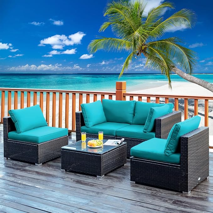 DORTALA 5 Pieces Patio Furniture Set, Outdoor Rattan L-Shaped Corner Sofa Set with Cushions, Coffee Table, Patio Sectional Conversation Set for Backyard Porch Garden Poolside, Turquoise