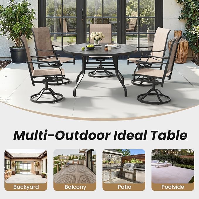 Soohow Round Outdoor Patio Dining Table, 47" Round Patio Table with 1.57" Umbrella Hole, Metal Outdoor Dining Tables for Patio, Graden, Backyard and Poolside