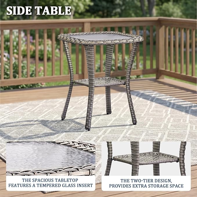 Luxury Swivel Rocker Chairs Set with 6" Thick Cushion 3 piece Wicker Outdoor Swivel Rocker Patio Chair with Side Table High Back Comfortable Outdoor Patio Furniture Set - Gery | Blue