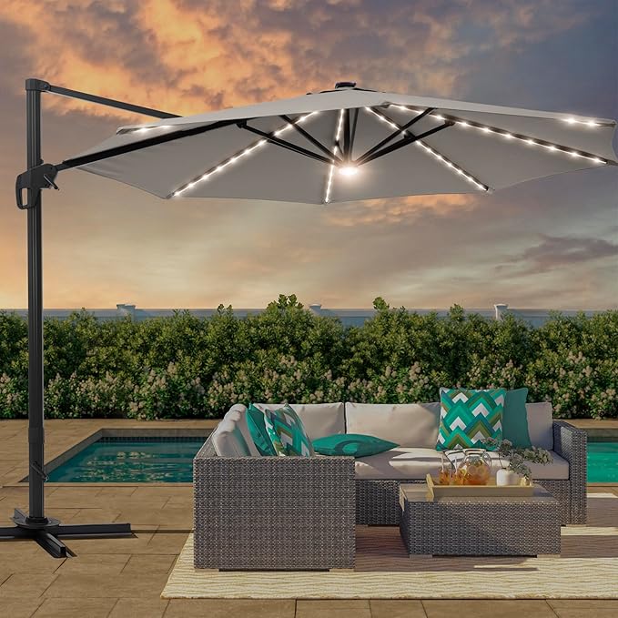FLAME&SHADE 11 ft Cantilever Offset Patio Umbrella, Large Heavy Duty Outdoor Patio Umbrella Aluminum 360° Rotation Round Outdoor Umbrella for Deck,Pool,Backyard