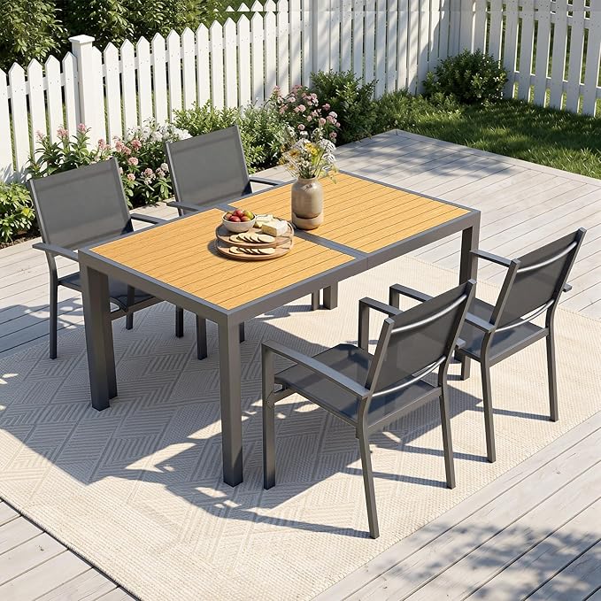 Patio Table and Chairs Set for 4, Outdoor Patio Furniture Set with Aluminum Table and Metal Textilene Chairs, All-Weather Outdoor Dining Set with HDPS Rectangular Tabletop for Garden Porch