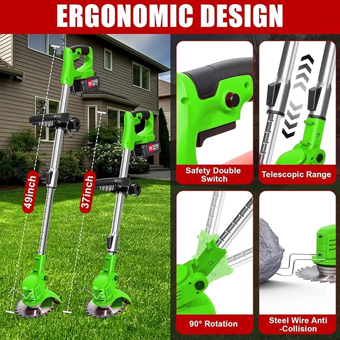 Cordless Weed Wacker Electric Weed Wacker Battery Powered with 21V Battery Operated Grass Trimmer 3 in 1 Weed Trimmer Grass Cutter Brush Cutter for Lawn Garden Pruning