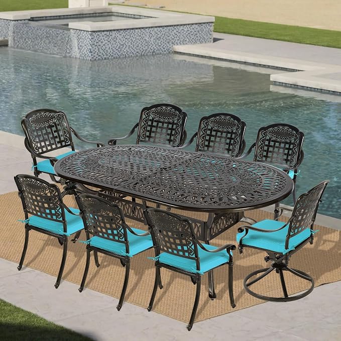 VIVIJASON 9-Piece Patio Furniture Dining Set, All-Weather Cast Aluminum Outdoor Conversation Set, Include 6 Stationary Chairs, 2 Swivel Dining Chairs, Oval Table with Umbrella Hole, Ocean Blue Cushion