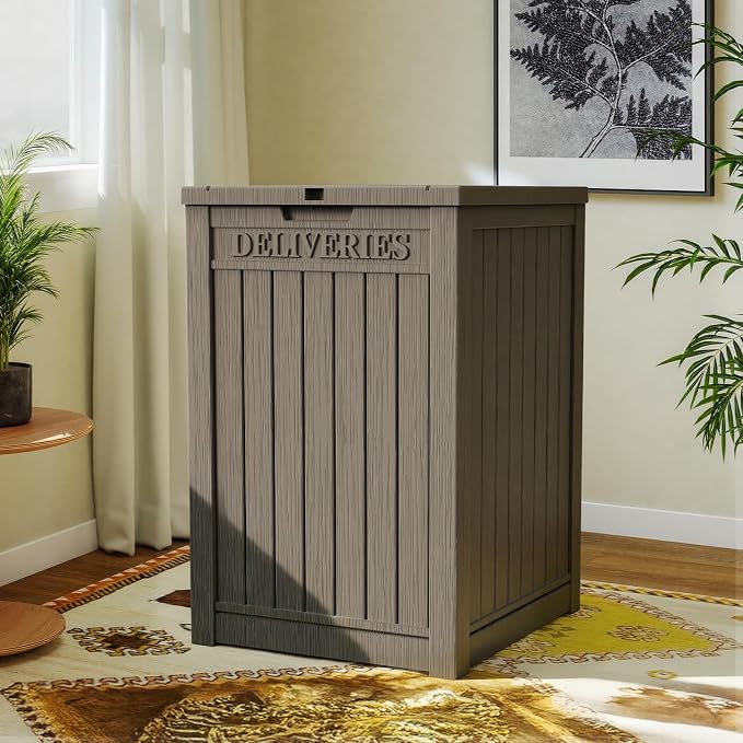 EasyUp Package Delivery Boxes for Outside, 55-Gallon Lockable Parcel Drop Box, Large Double-Walled Resin Weatherproof Storage Porch Box for Deliveries and Patio(Grey)