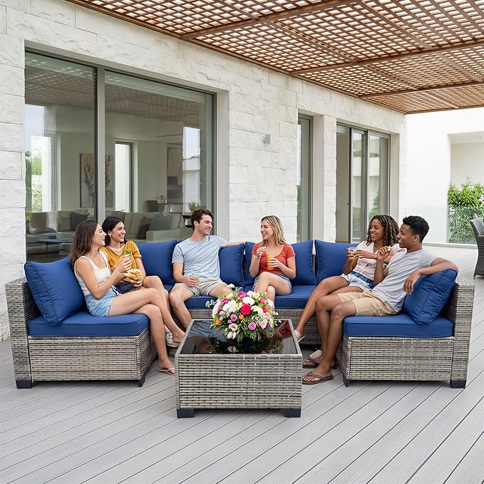 7-Piece Patio Furniture Set, Outdoor Wicker Conversation Sofa Set with Coffee Table & Extra Thick 8.5" Cushions, All-Weather Sectional for Backyard, Porch, Poolside (Navy Blue, 7PCS)