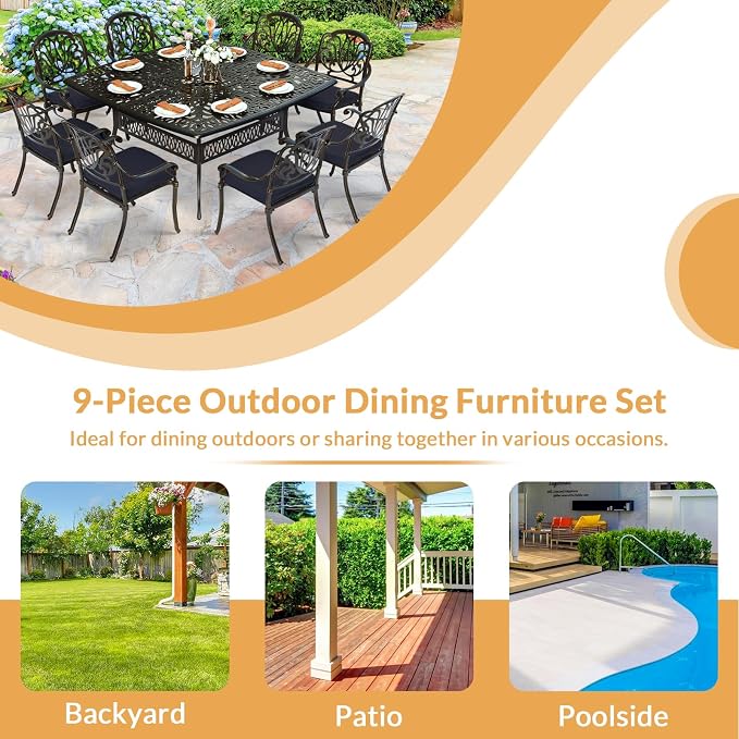 9 Piece Outdoor Patio Dining Set for 8, Cast Aluminium Large Square Dining Table & 8 Cushioned Stackable Chairs, Umbrella Hole, Patio Furniture Set for Garden Porch Poolside, Navy Blue