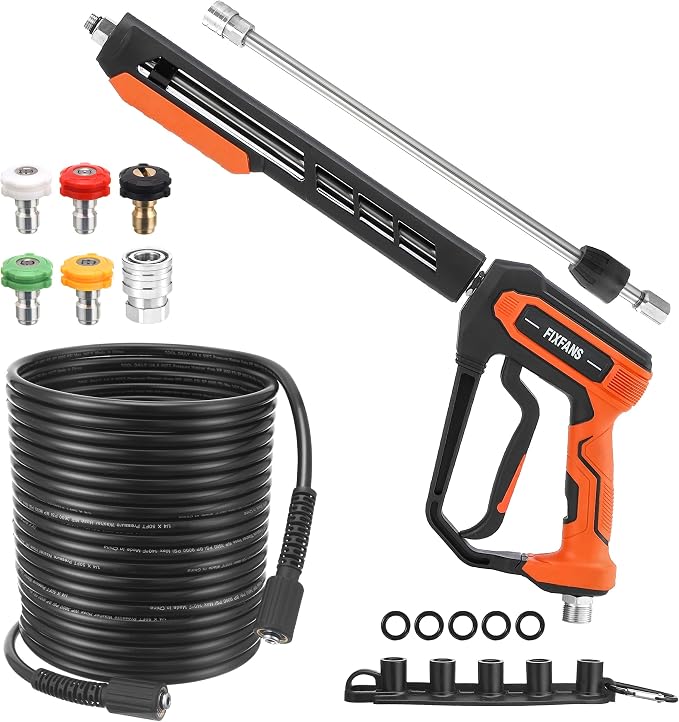 FIXFANS Pressure Washer Gun and Hose Kit, 50 FT High Power Washer Hose with Replacement Wand Extension, 5 Nozzle Tips, M22 Fitting