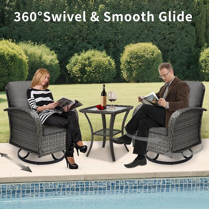 3 Piece Outdoor Swivel Rocker Patio Chairs, All-Weather Rattan Chair, Wicker Glider Patio Furniture Set with Side Table, for Garden, Backyard, Deck, Gray Rattan & Gray Cushions