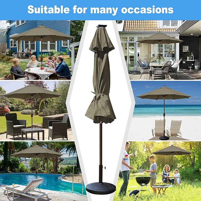 Eurmax USA 10-Year-Non-Fading 10FT Outdoor Patio Market Umbrella with LED Lights,UPF50+ UV Resistant,Heavy Duty Commercial Grade,Crank Lift&Tilt,Windproof Vented Top for Garden,Pool,Deck,Taupe