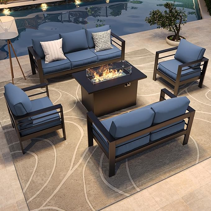 Amopatio Patio Furniture with Fire Pit, 8 Pcs Aluminum Outdoor Metal Patio Sofa Sets with Aluminum Fire Pit Table,Dark Grey&Blue(Included Waterproof Covers)