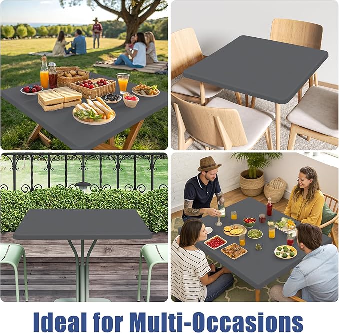 Moosfor Spandex Picnic Table Cloth 2 Pack, Elastic Fitted Tablecloths for Square Tables, Stretch Washable Patio Table Cover for Outdoor, Camping, Banquet and Parties (Dark Grey, 34"x34")