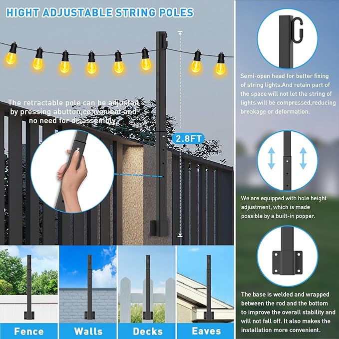 AHRLHR 10 Pack 2.8Ft String Light Poles,Light Poles for Outside Lights,Outdoor with Fence Brackets Hanging Lights,Metal Stand Deck Patio Backyard