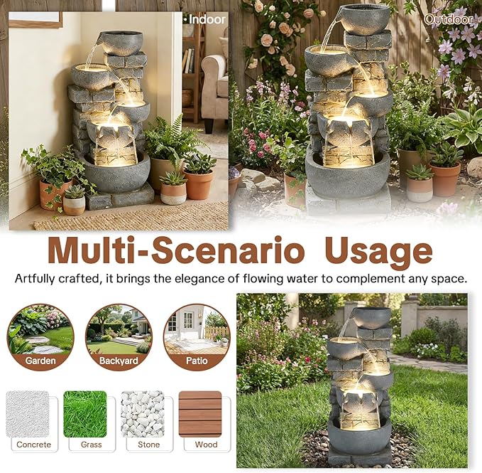 HOMEDIARY Modern 33" Tall Outdoor Water Fountain, Large 5-Tier Cascading Bowls Waterfall Fountain with LED Lights, Stone Texture Floor-Standing Resin Water Feature for Deck, Patio, Backyard & Indoor