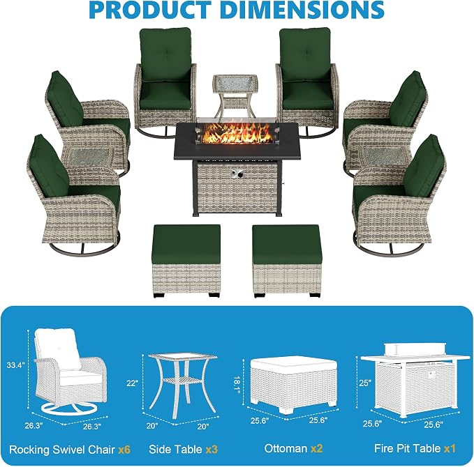 12-Piece Small Patio Furniture Set, Outdoor Swivel Rocking Chairs Set with 55,000 BTU Fire Pit Table Wicker Chairs and Ottomans, Patio Bistro Set for Balcony, Deck, Porch,Dark Green