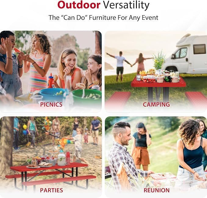 Leisure Craft Metal Picnic Table with Bench - 8 ft Rectangle Outdoor Dining Table for 8, Umbrella Hole, Weatherproof Heavy Duty Thermoplastic Coating, Commercial Grade Furniture Made in USA - Red