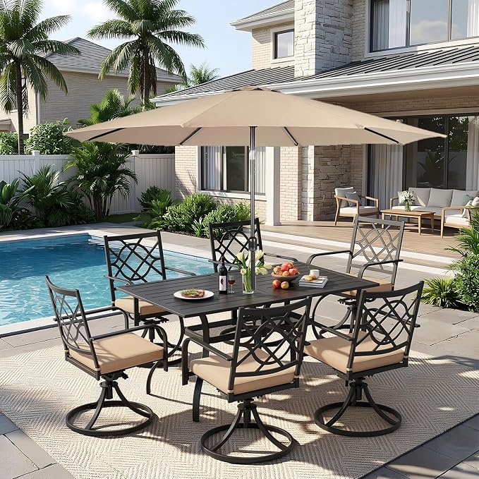 8 Piece Patio Dining Set Outdoor Furniture Set, Rectangular Metal Patio Dining Table with Umbrella Hole & 9FT Patio Umbrella 6 Swivel Dining Chairs for Garden Lawn Yard