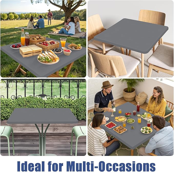Moosfor Spandex Picnic Table Cloth 2 Pack, Elastic Fitted Tablecloths for Square Tables, Stretch Washable Patio Table Cover for Outdoor, Camping, Banquet and Parties (Grey, 34"x34")