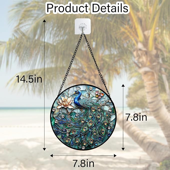 DASTOLL Stained Glass Window Hanging, Blue Peacock Decoration Suncatcher for Door Garden Home Flower Bird Sun Catchers Christmas Mother's Day Birthday Gifts for Women Men Mom Nana Friend 7.8 in