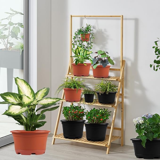 KPUVX 5 Pack 10.5 inch Plant Pots,Planter-Pots-for-Plants,Plastic Flower Pot for Indoor Outdoor Plants with Drainage Holes & Trays, Decorative Garden Containers Sets for Houseplants