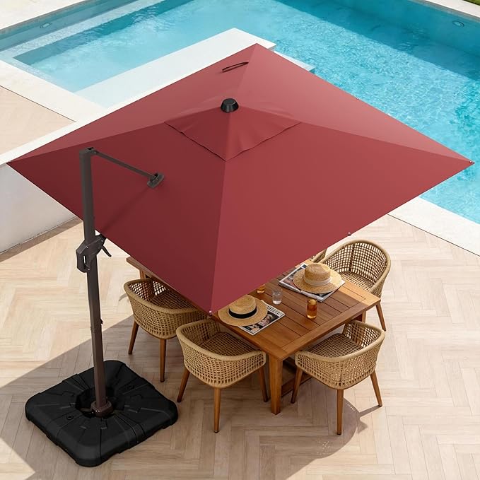 10' X 10' Patio Umbrella Cantilever Outdoor Rectangle Umbrella, Heavy Duty 360°Rotation Offset Umbrella for Garden Deck Pool Patio, Red